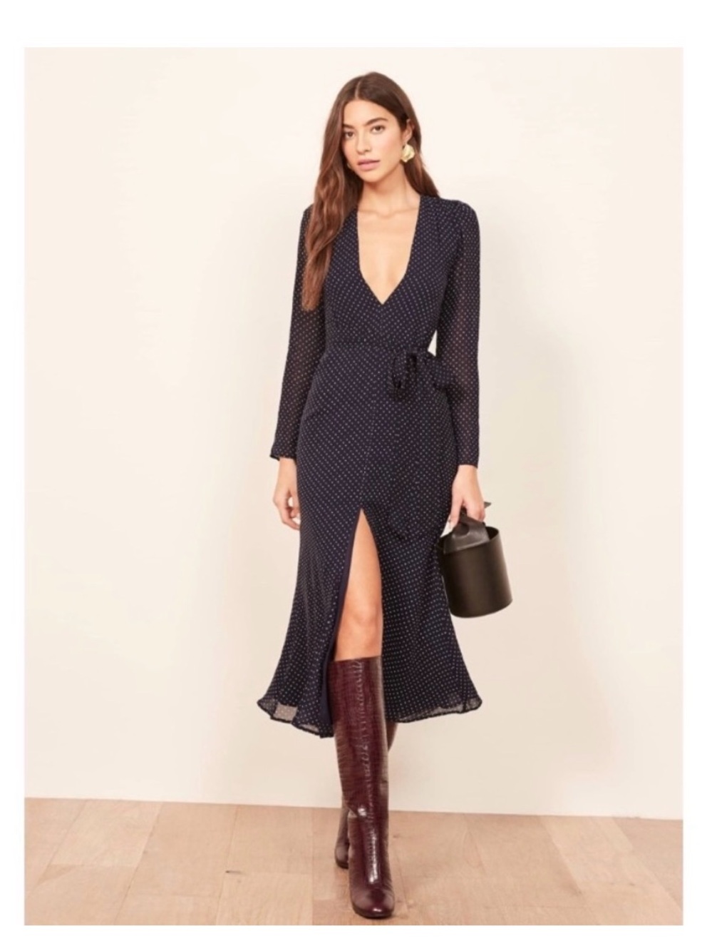 Reformation Hailey Navy Polka Dot Wrap Dress